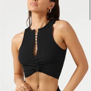 BNWT Joah Brown Lace up Crop Tank in Black Rib XS/S